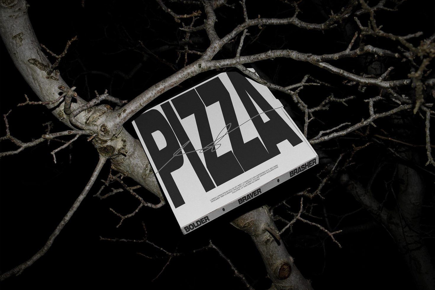 Bold typographic pizza poster mockup on tree branches, dark moody atmosphere for graphic designers.